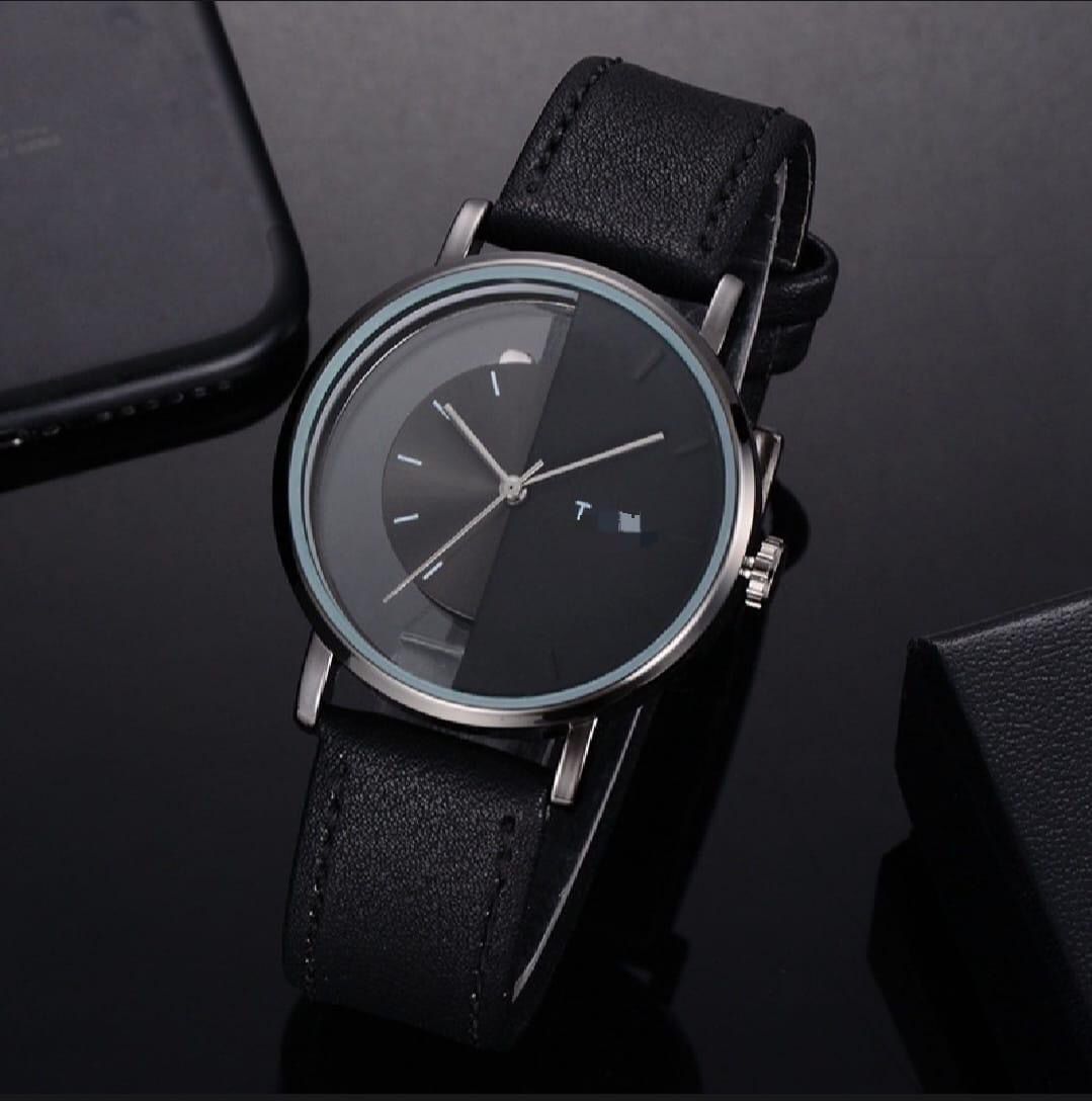 Men's Quartz Round Dial Leather Strap Watch - 1 Pc